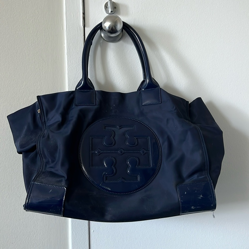 Tory Burch Ella Patent Tote Bag in Navy Blue